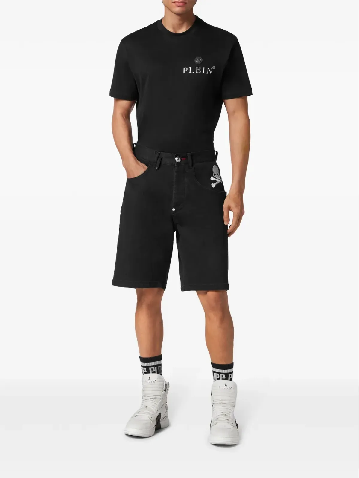 Philipp Plein スカル刺繍デニムショーツ - ブラック - 画像2