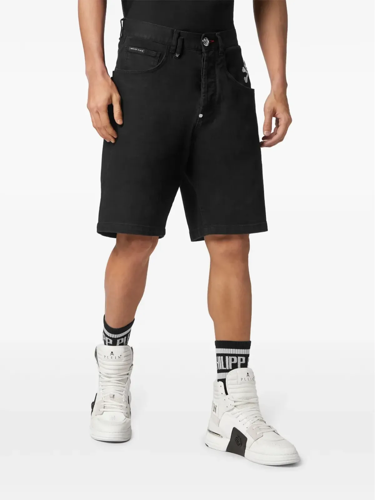 Philipp Plein スカル刺繍デニムショーツ - ブラック - 画像3