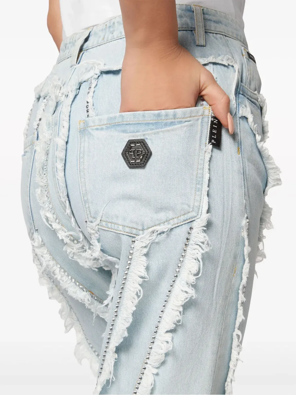 Philipp Plein ダメージ加工のラインストーン付きデニムジーンズ - 画像4