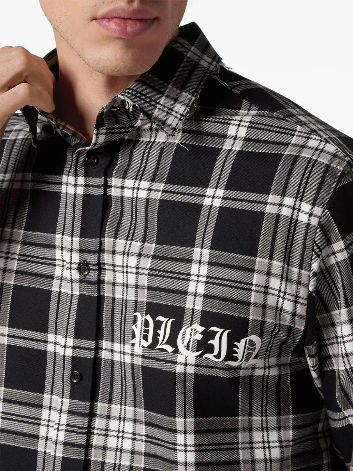 Philipp Plein 炎プリント チェック柄コットンシャツ ブラック - 画像5