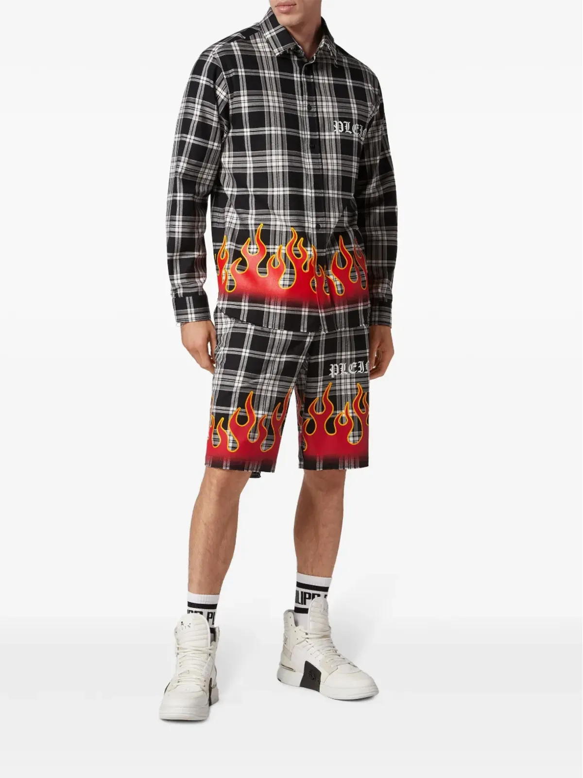 Philipp Plein 炎プリント チェック柄コットンシャツ ブラック - 画像2