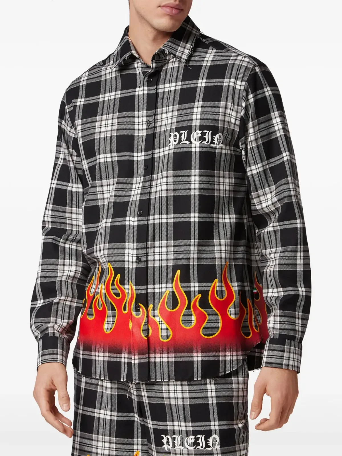 Philipp Plein 炎プリント チェック柄コットンシャツ ブラック - 画像3