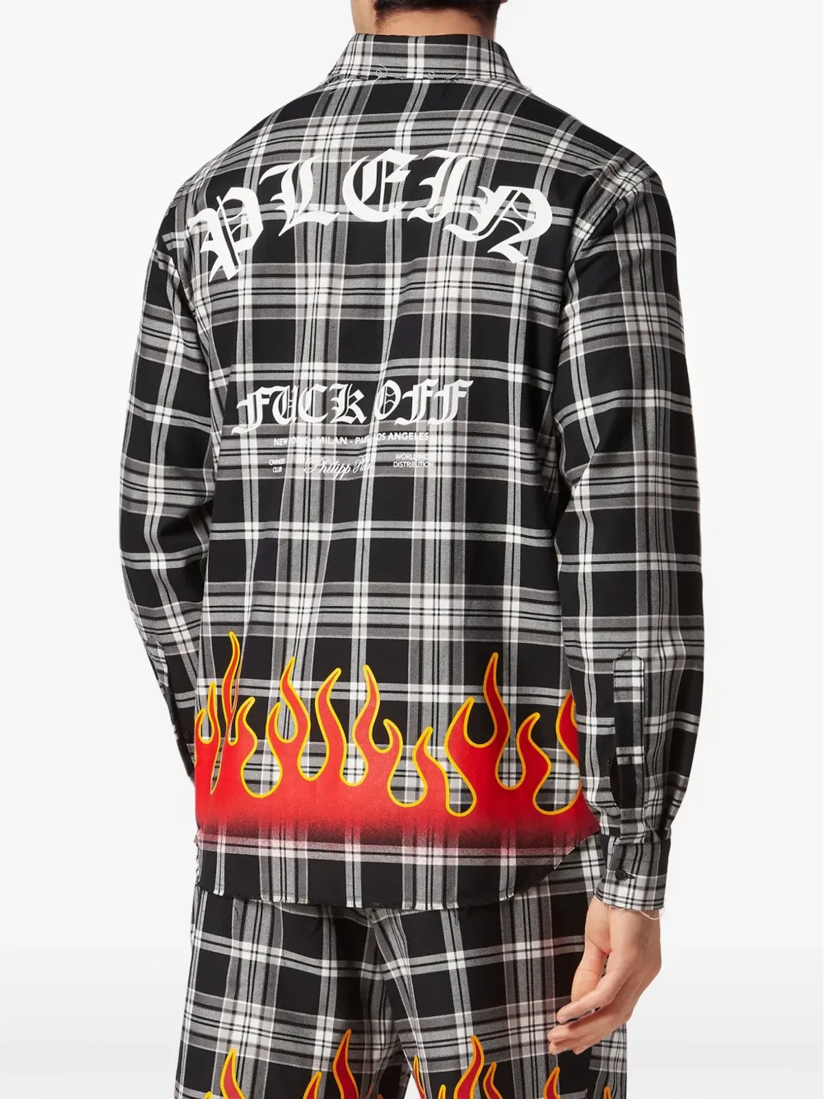 Philipp Plein 炎プリント チェック柄コットンシャツ ブラック - 画像4