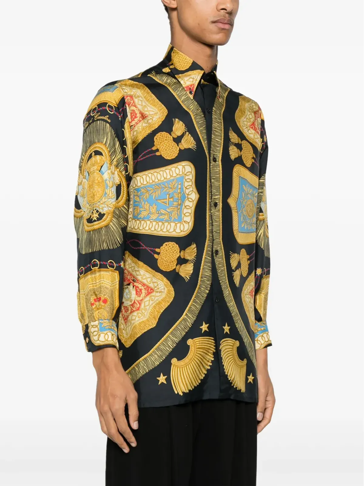 Hermès ビンテージ 1990年代 タッセル柄シルク ボタンダウンシャツ ブラック - 画像3
