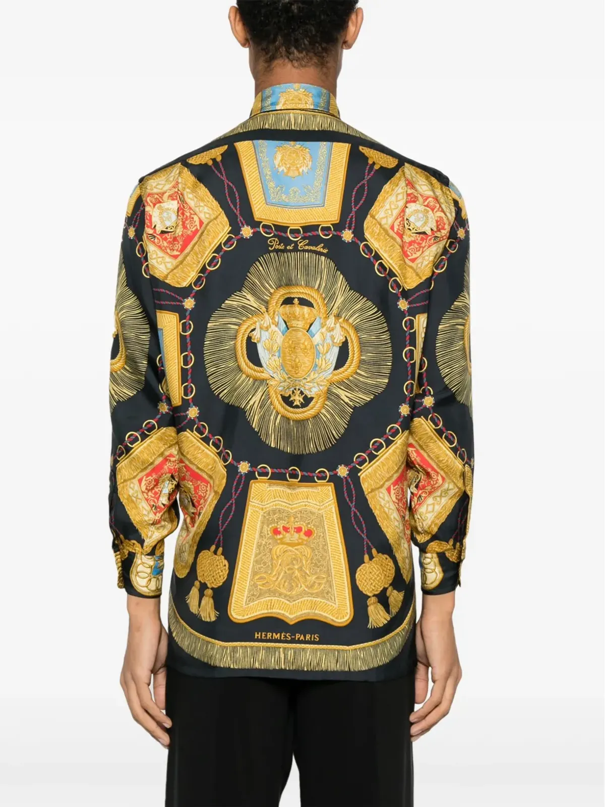 Hermès ビンテージ 1990年代 タッセル柄シルク ボタンダウンシャツ ブラック - 画像4