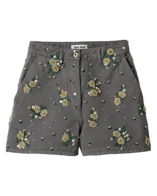 Miu Miu 花柄装飾のベルムダショーツ - グレー - サムネイル1