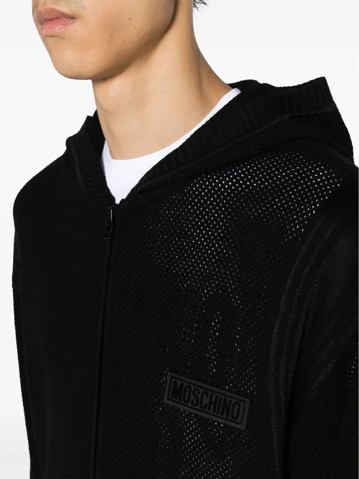 Moschino ロゴパッチ入りオープンニットフーディー ブラック - 画像5