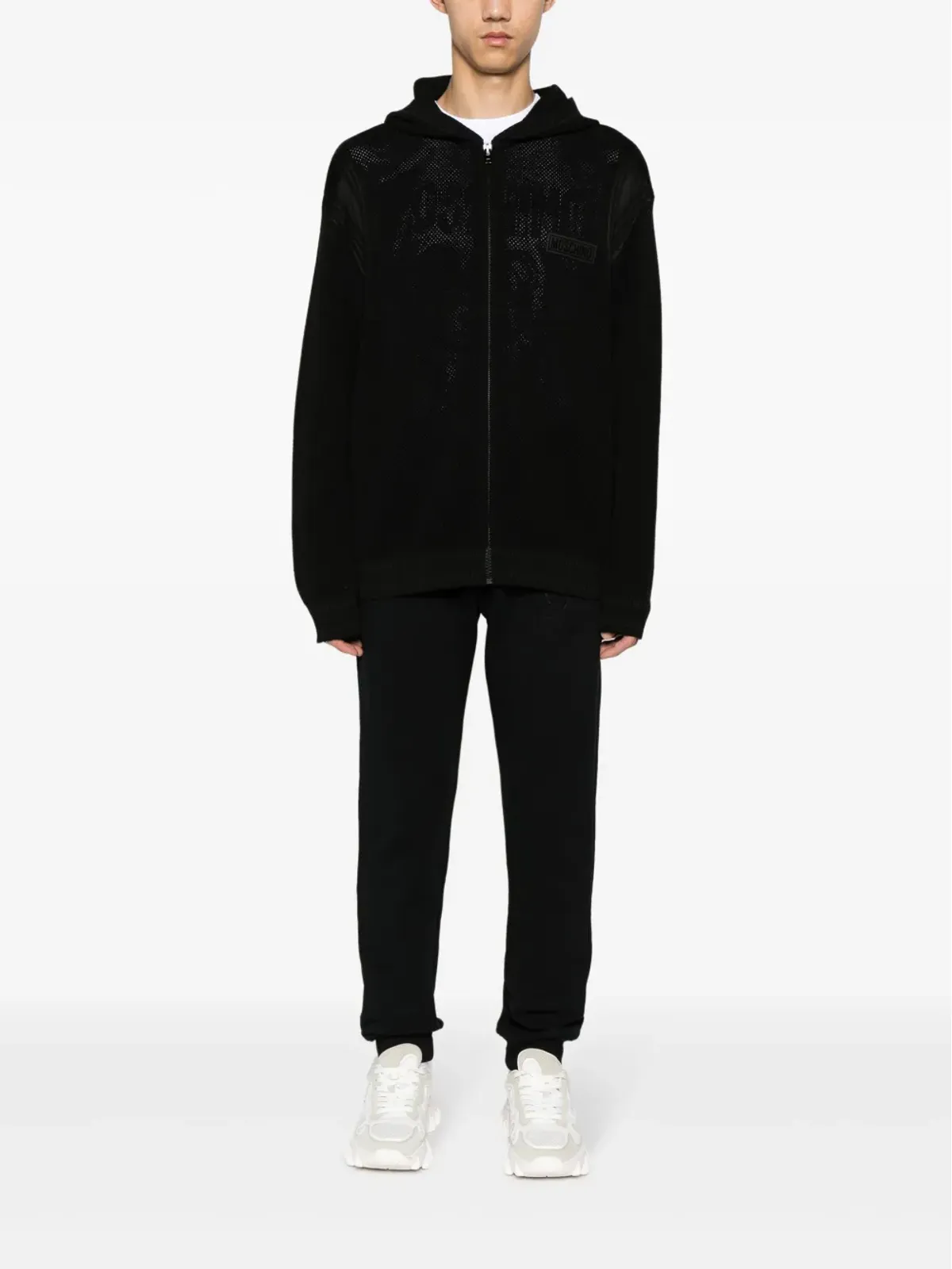 Moschino ロゴパッチ入りオープンニットフーディー ブラック - 画像2