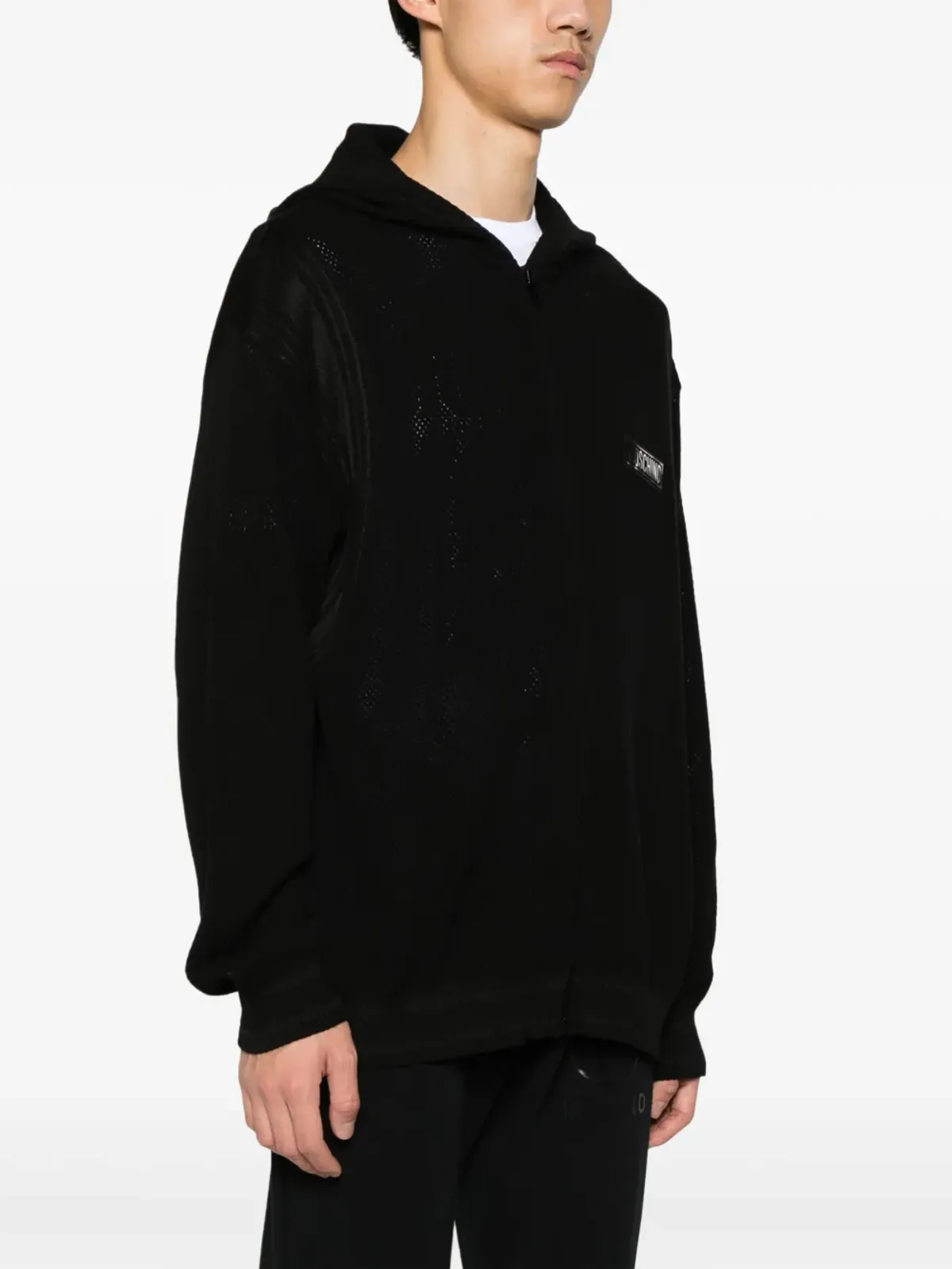 Moschino ロゴパッチ入りオープンニットフーディー ブラック - 画像3