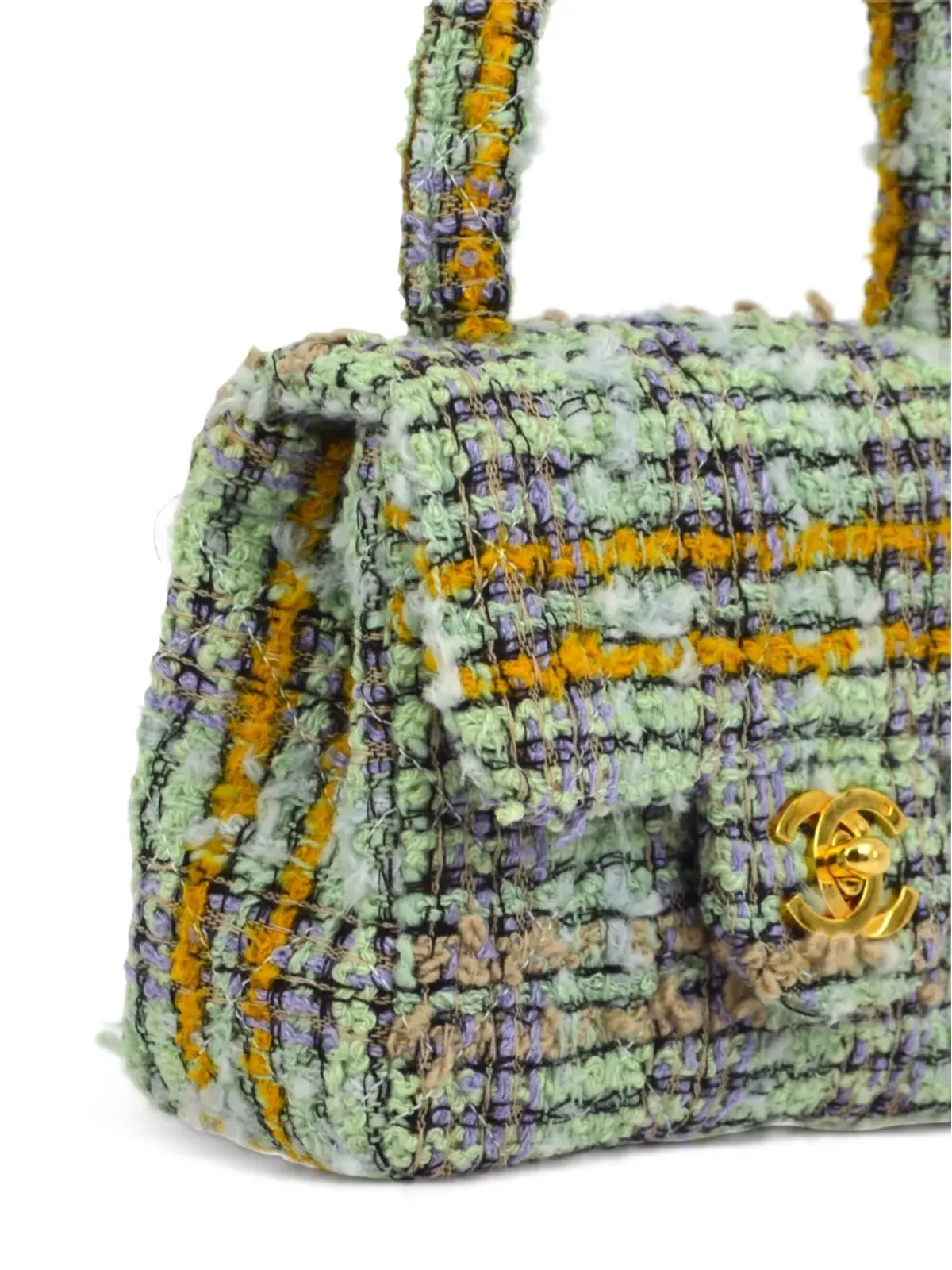 CHANEL ビンテージ 1992 ミニクラシックフラップ ツイード ハンドバッグ - グリーン - 画像3