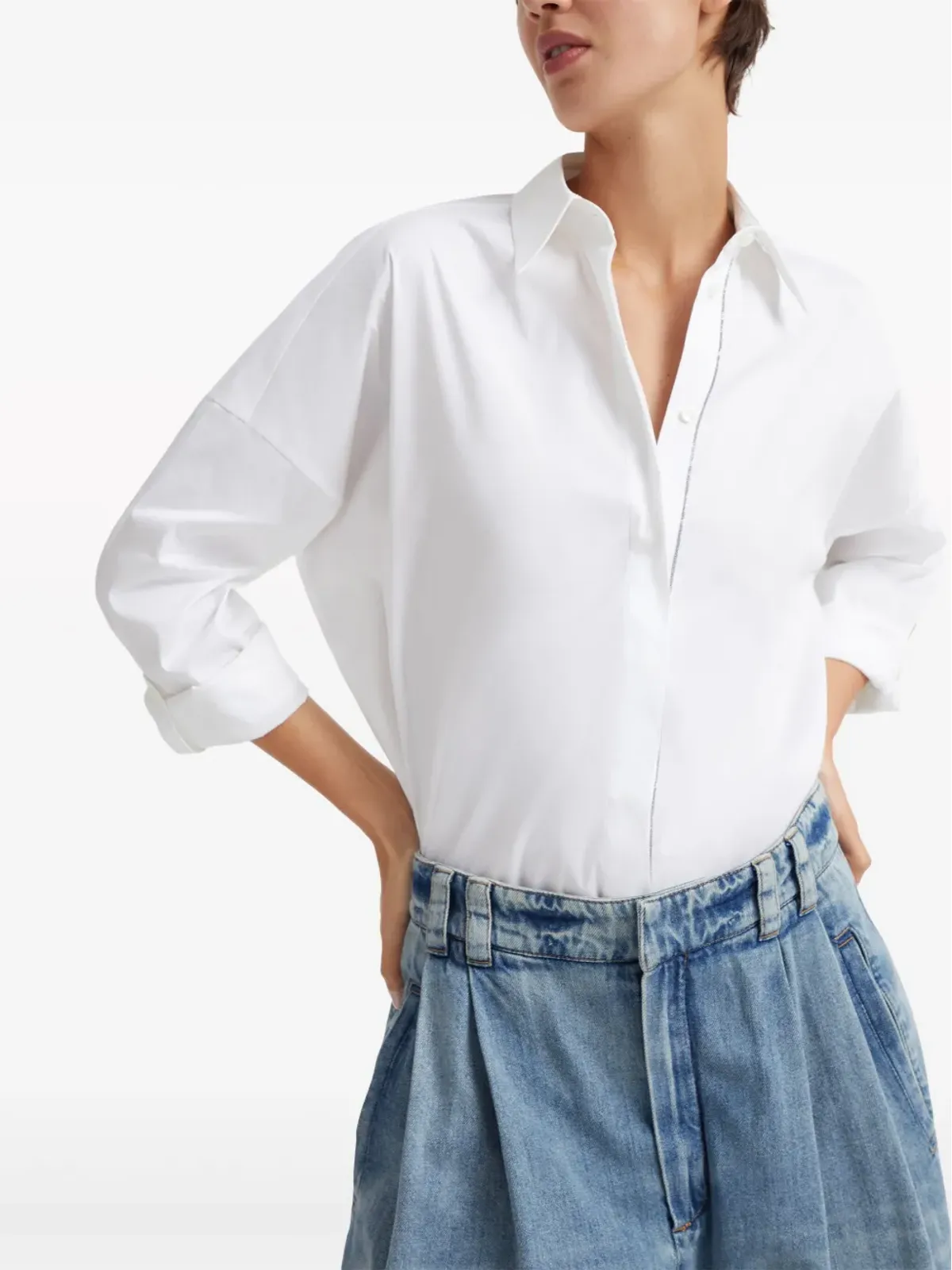 Brunello Cucinelli ビーズ装飾 コットン混紡シャツ - ホワイト - 画像4