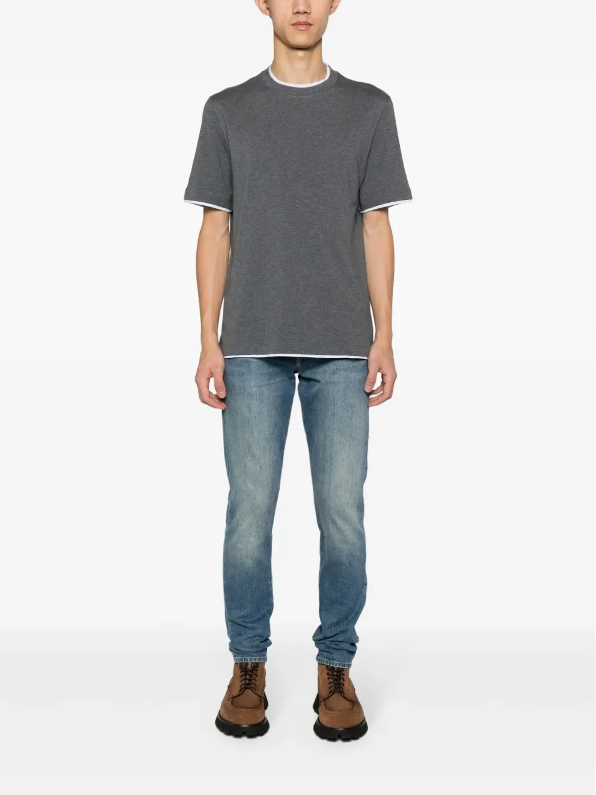 Brunello Cucinelli レイヤード風コットンTシャツ グレー - 画像2