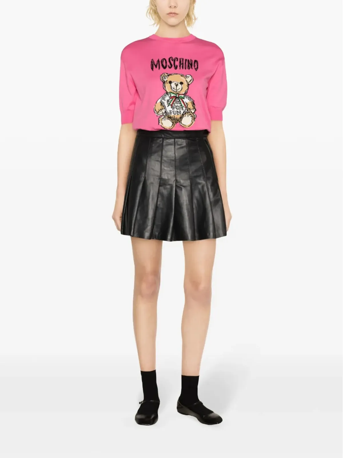 Moschino テディベア柄イントアーシャ クロップドニット ピンク - 画像2