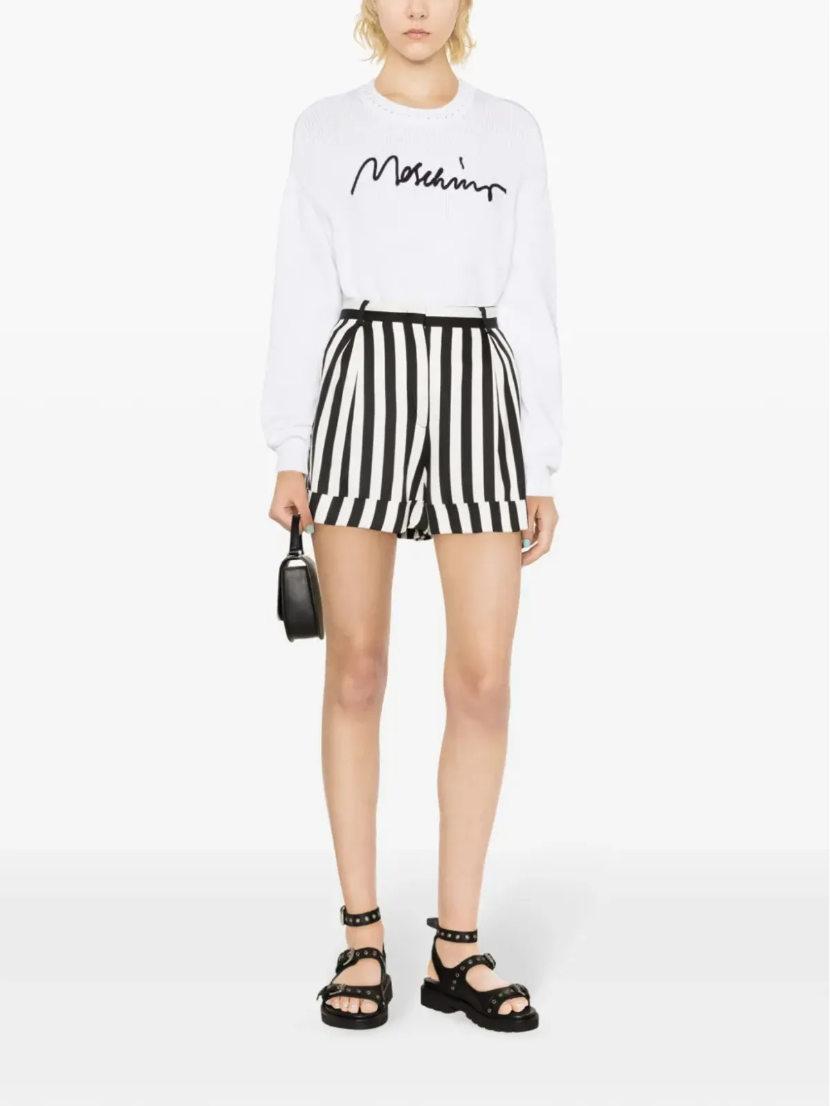 Moschino ストライプ柄ワイドレッグサテンショートパンツ - ブラック - 画像2