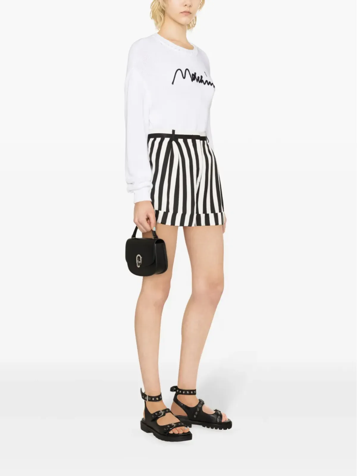 Moschino ストライプ柄ワイドレッグサテンショートパンツ - ブラック - 画像3