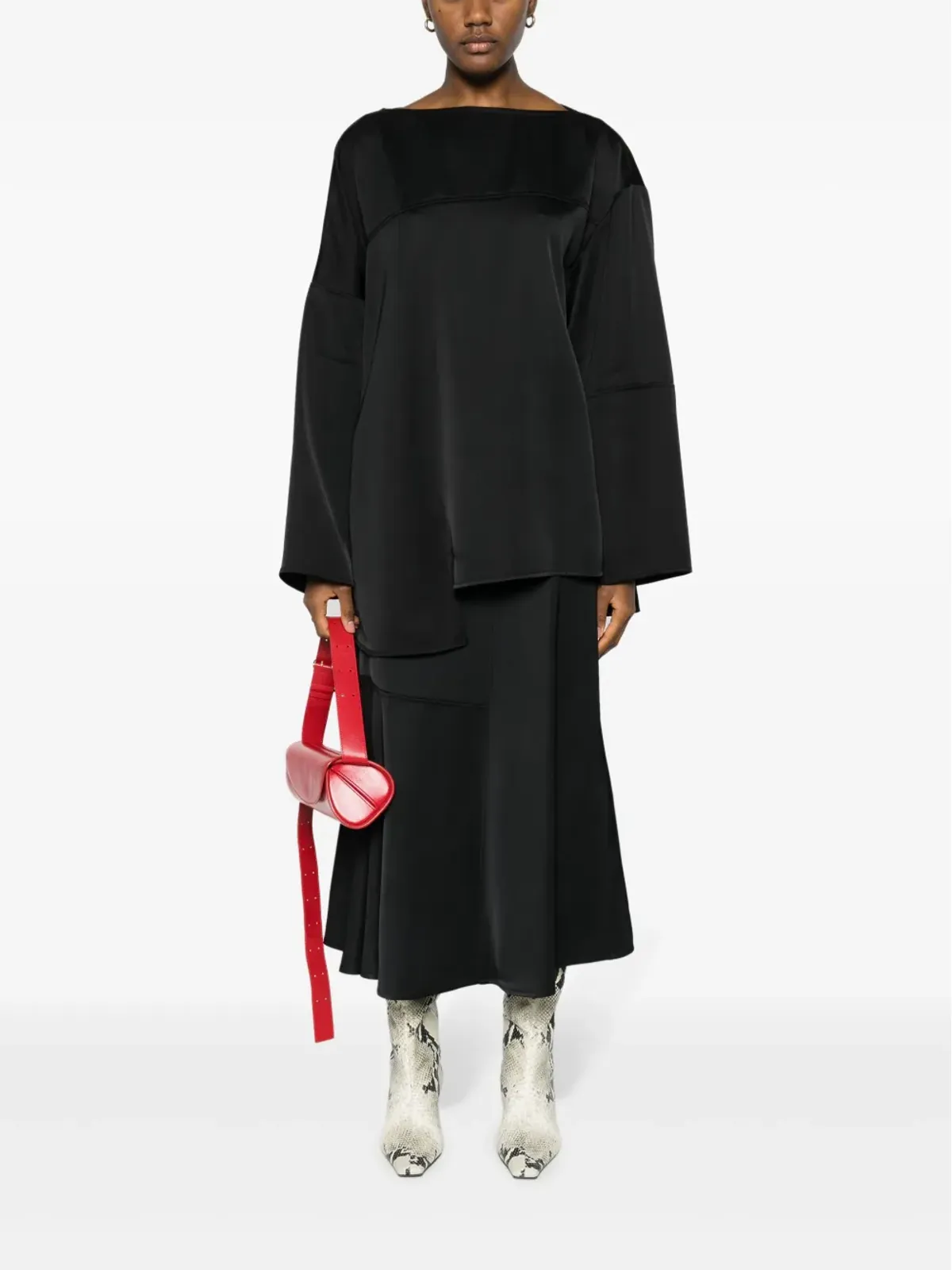 Jil Sander ハイウエスト パネルデザイン ミディスカート ブラック - 画像2
