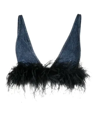 Miu Miu feather-trim denim top - Blue - サムネイル1
