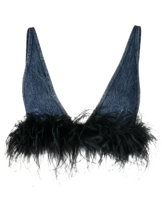 Miu Miu Miu Miu feather-trim denim top - Blueの商品画像