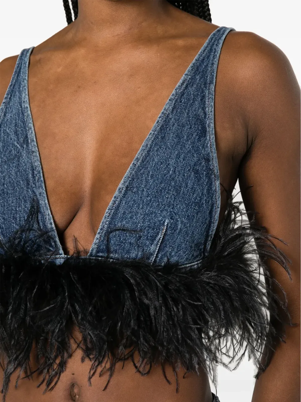 Miu Miu feather-trim denim top - Blue - 画像5