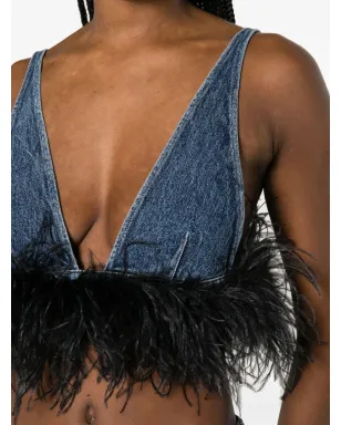 Miu Miu feather-trim denim top - Blue - サムネイル5