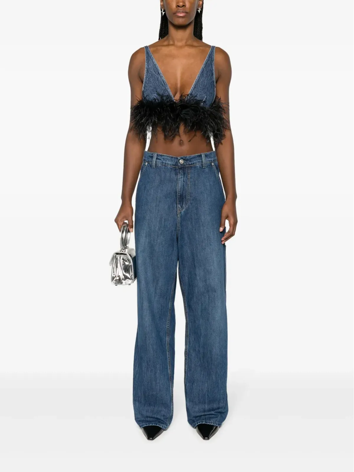 Miu Miu feather-trim denim top - Blue - 画像2