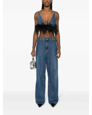 Miu Miu feather-trim denim top - Blue - サムネイル2