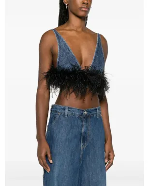 Miu Miu feather-trim denim top - Blue - サムネイル3