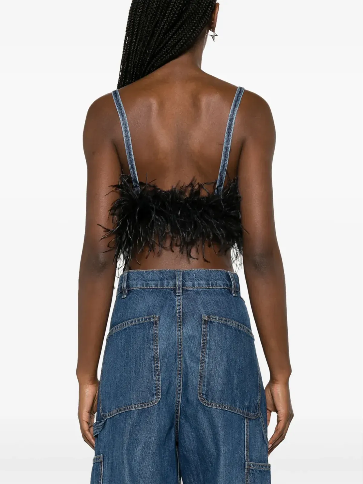 Miu Miu feather-trim denim top - Blue - 画像4