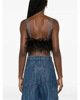 Miu Miu feather-trim denim top - Blue - サムネイル4