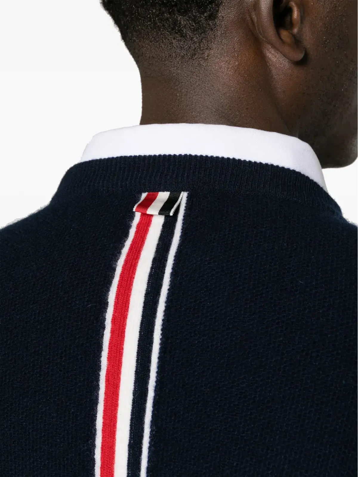 Thom Browne ネイビーの RWBストライプ ウールニットセーター - 画像5