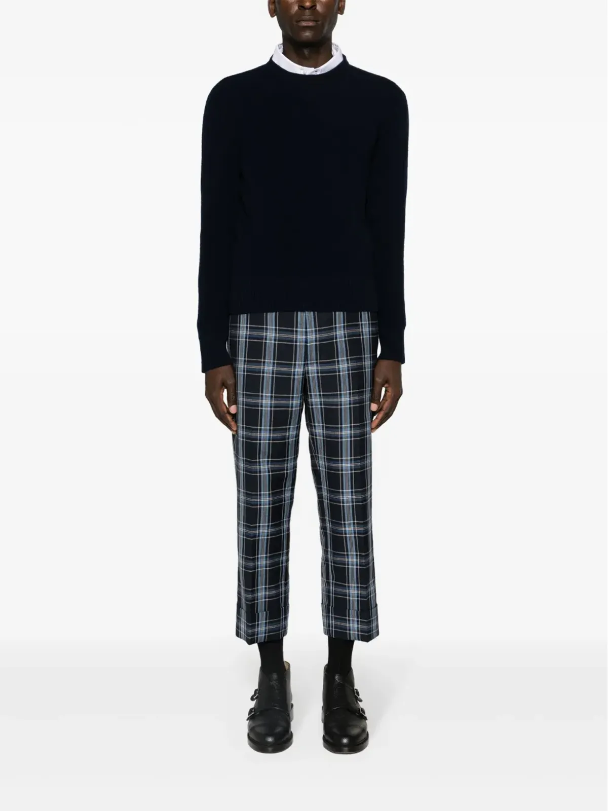 Thom Browne ネイビーの RWBストライプ ウールニットセーター - 画像2