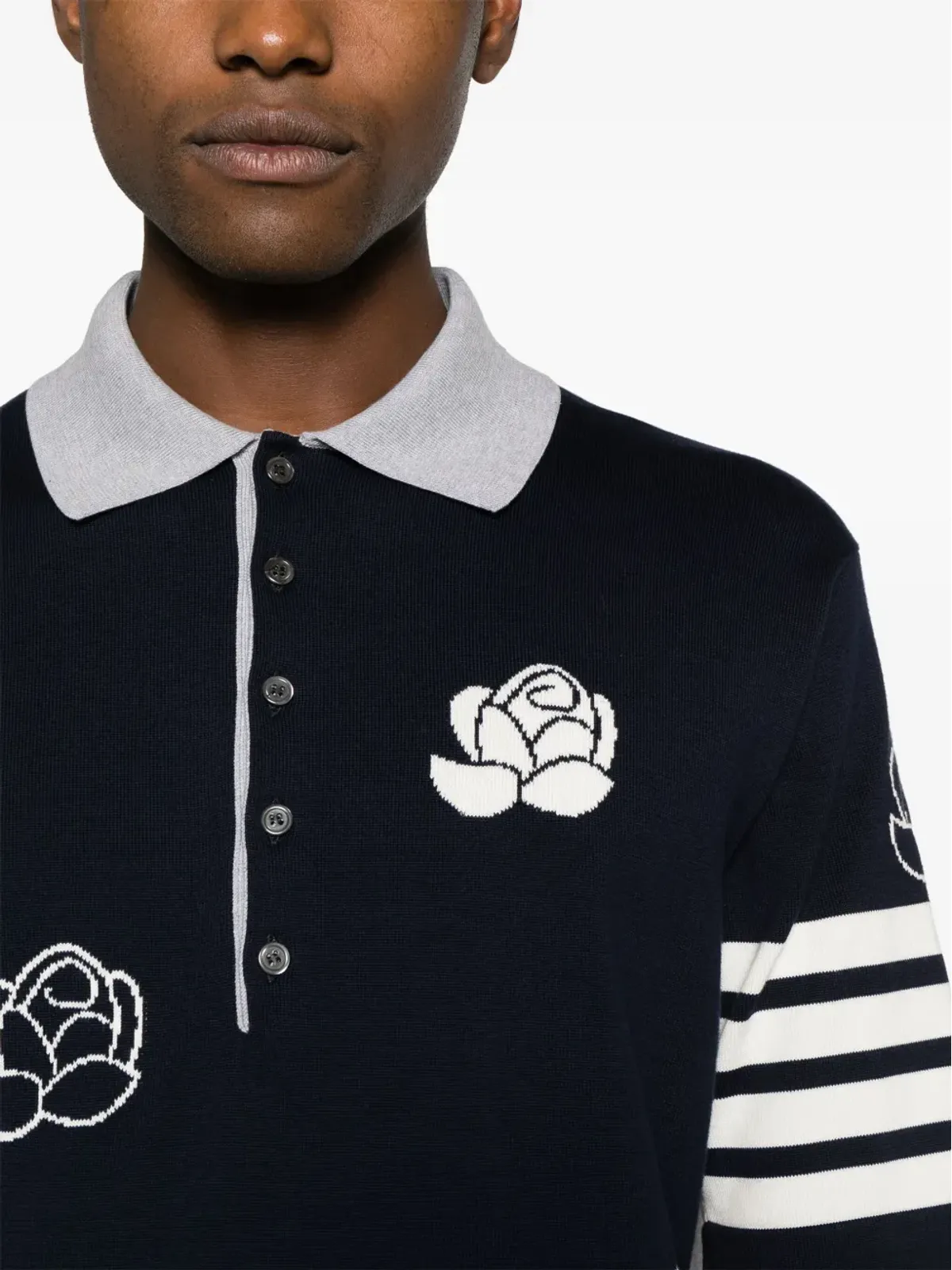Thom Browne 花柄インターシャ編み コットン ポロシャツ - ブルー - 画像5