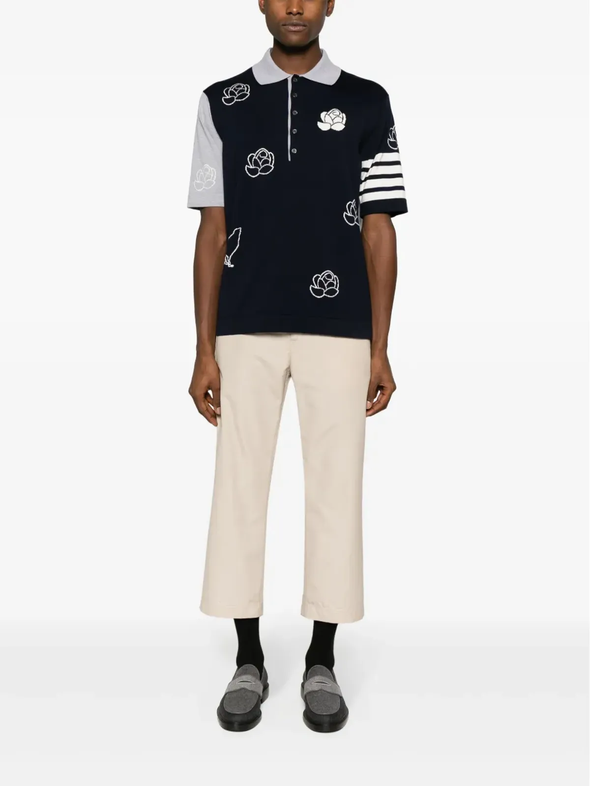 Thom Browne 花柄インターシャ編み コットン ポロシャツ - ブルー - 画像2