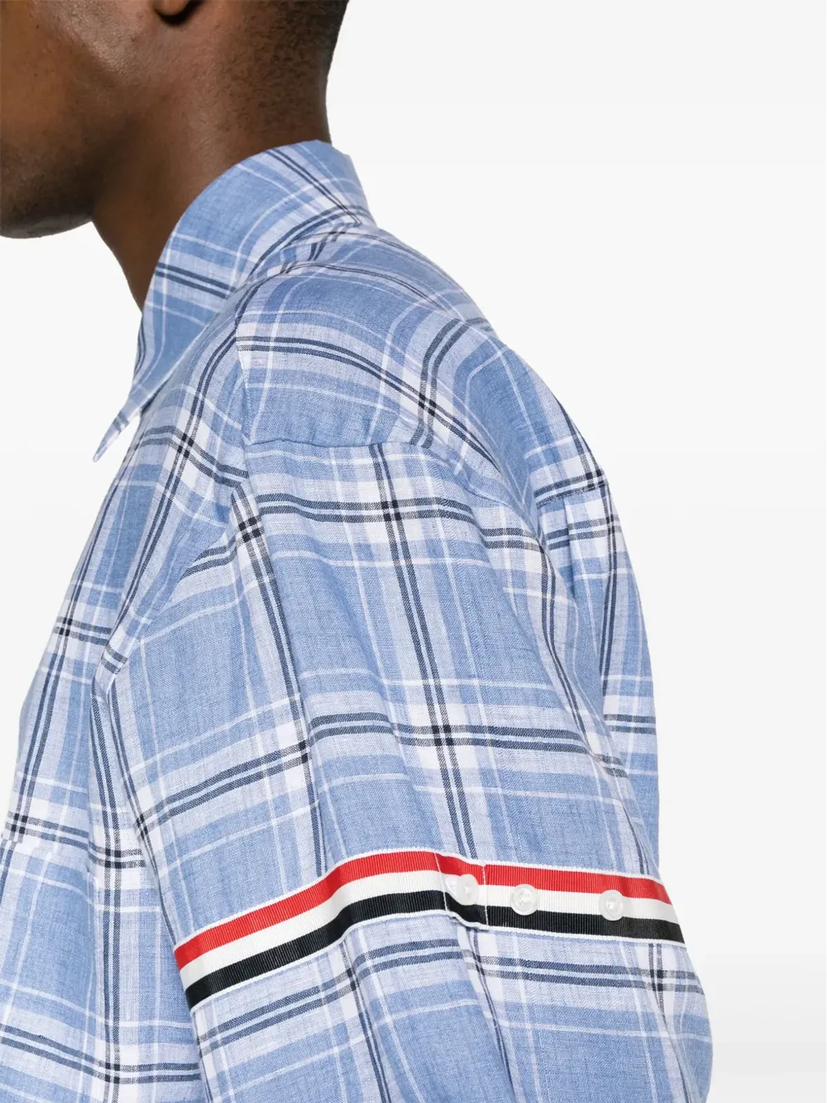 Thom Browne RWBストライプ柄チェックリネンシャツ ブルー - 画像5