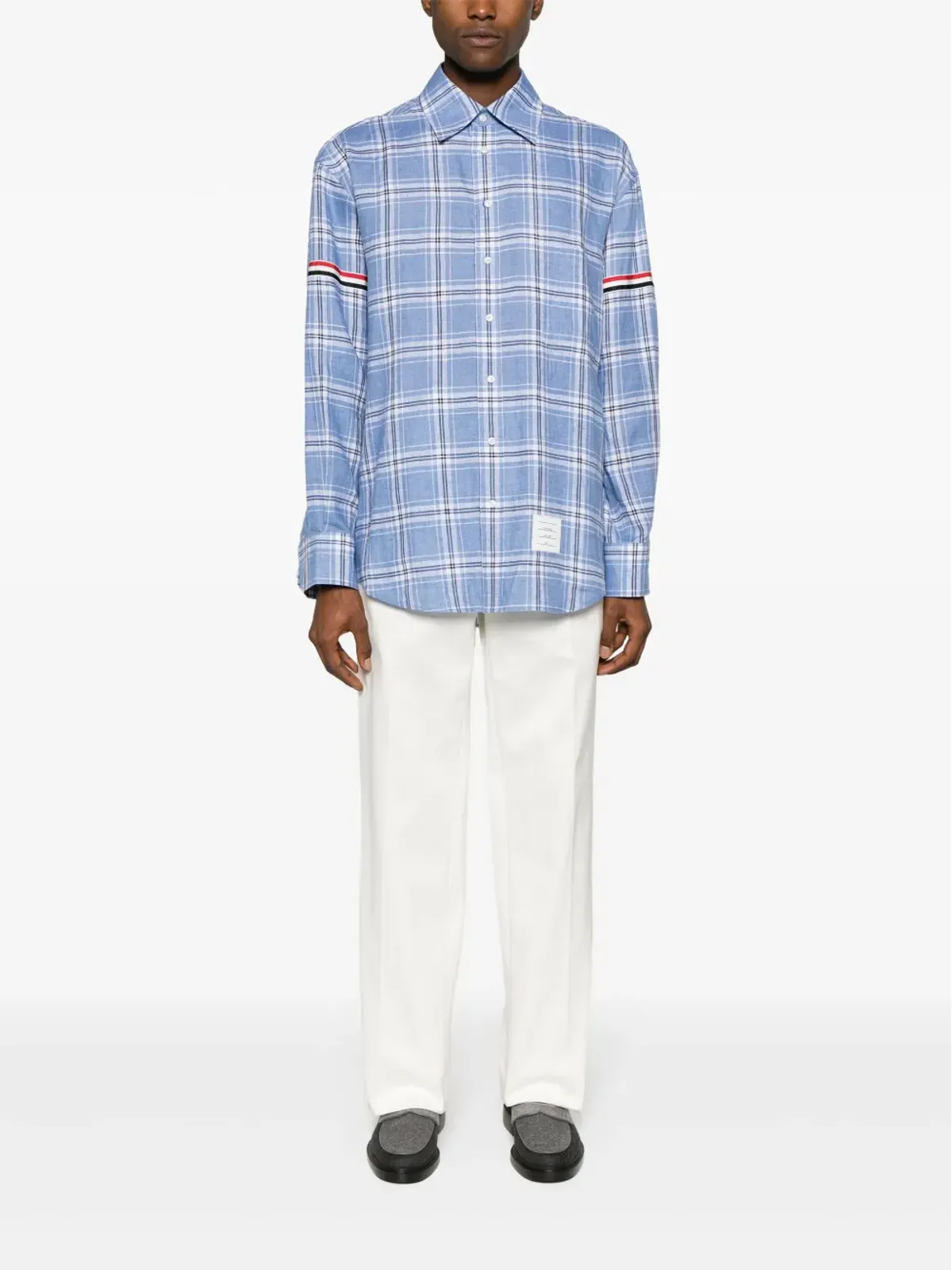 Thom Browne RWBストライプ柄チェックリネンシャツ ブルー - 画像2