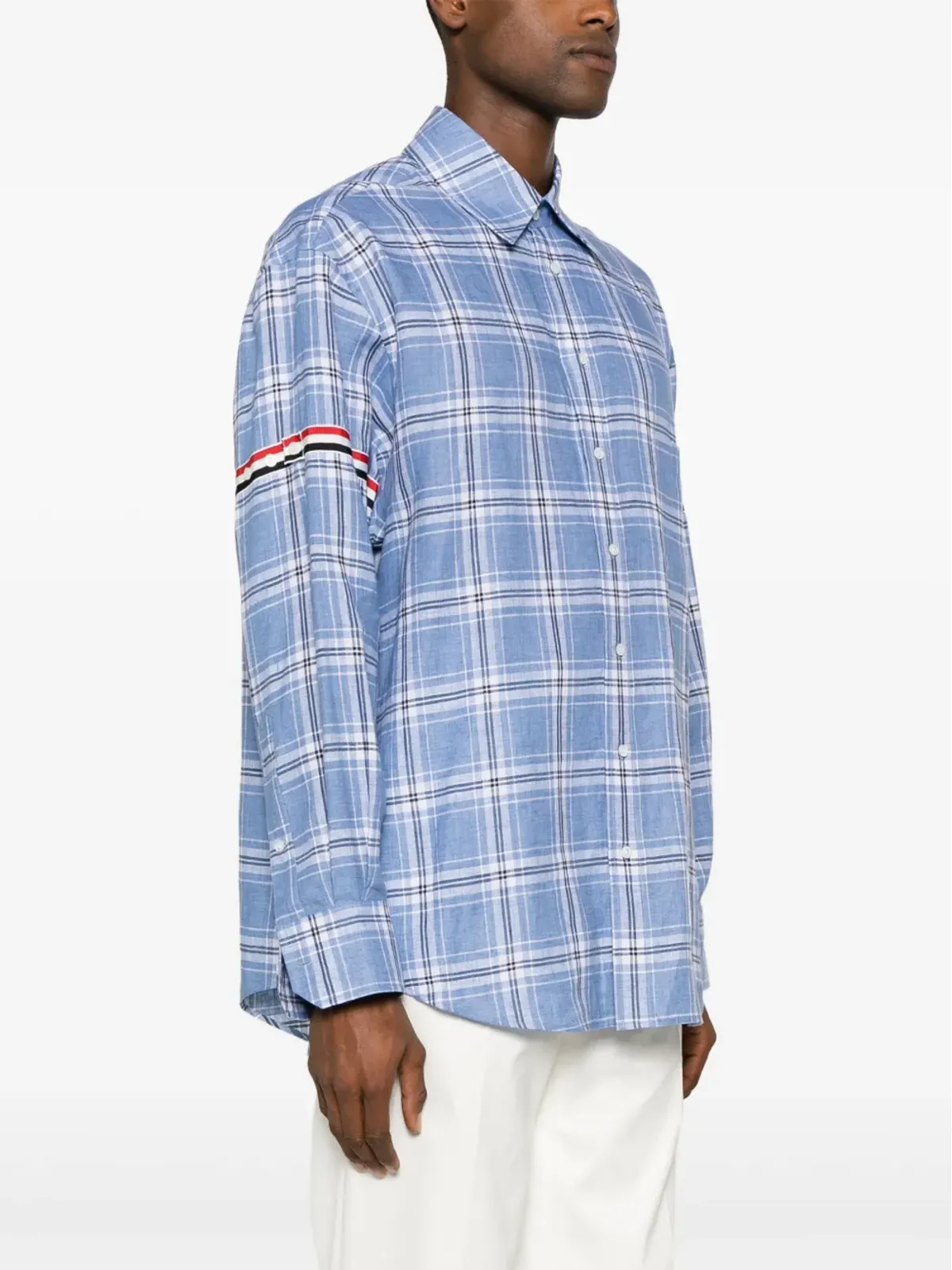 Thom Browne RWBストライプ柄チェックリネンシャツ ブルー - 画像3