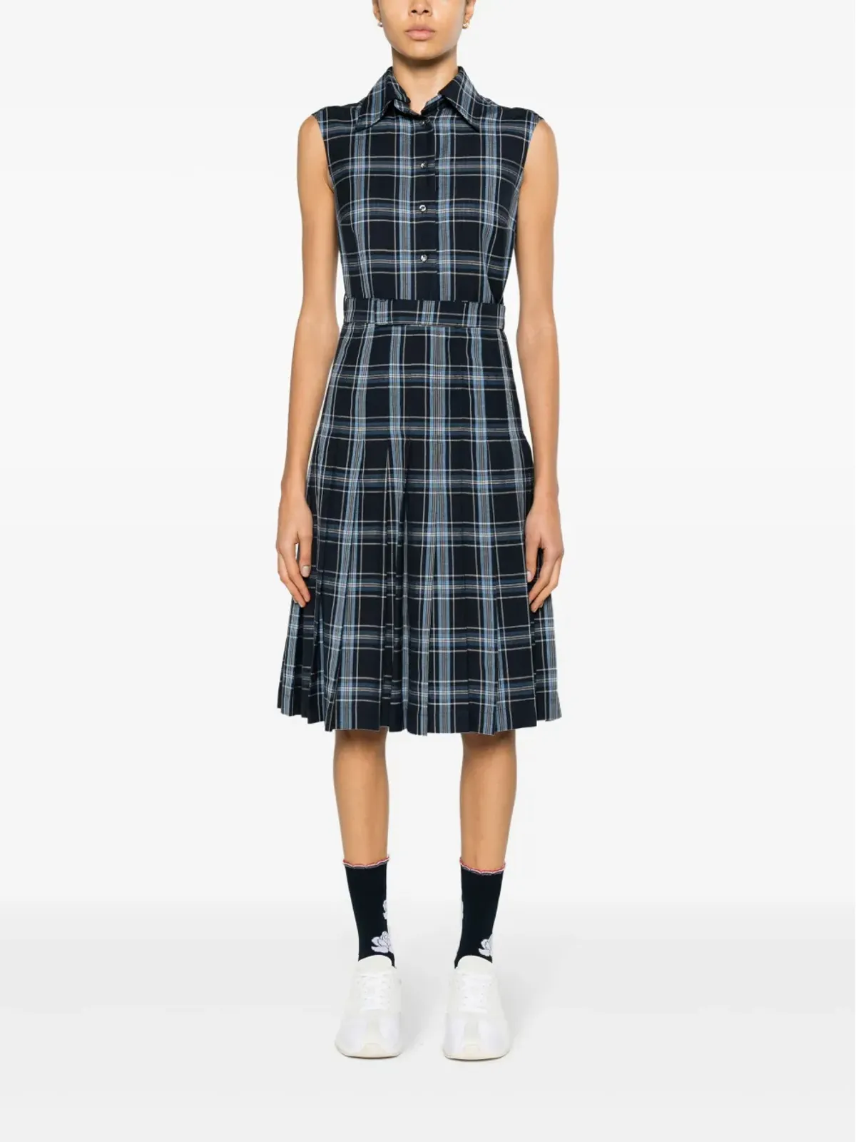 Thom Browne チェック柄プリーツシャツドレス ブルー - 画像2