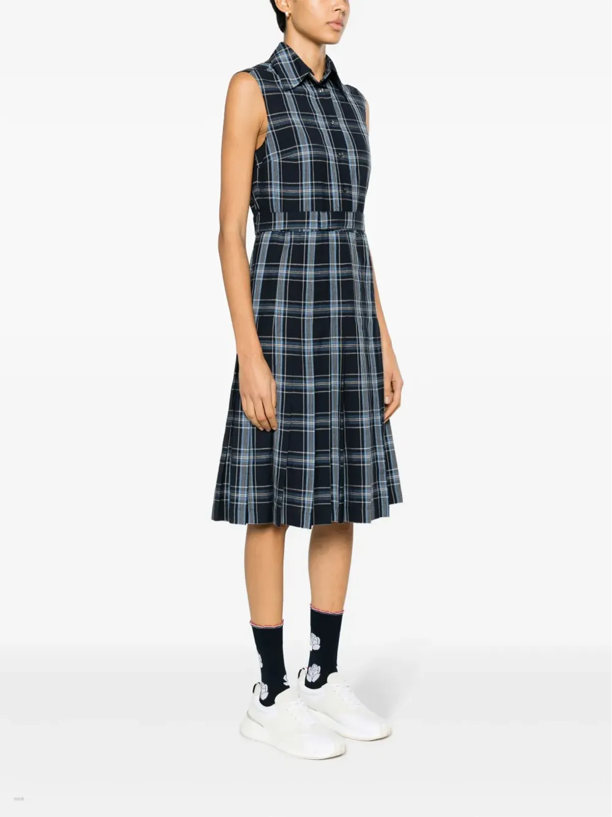 Thom Browne チェック柄プリーツシャツドレス ブルー - 画像3