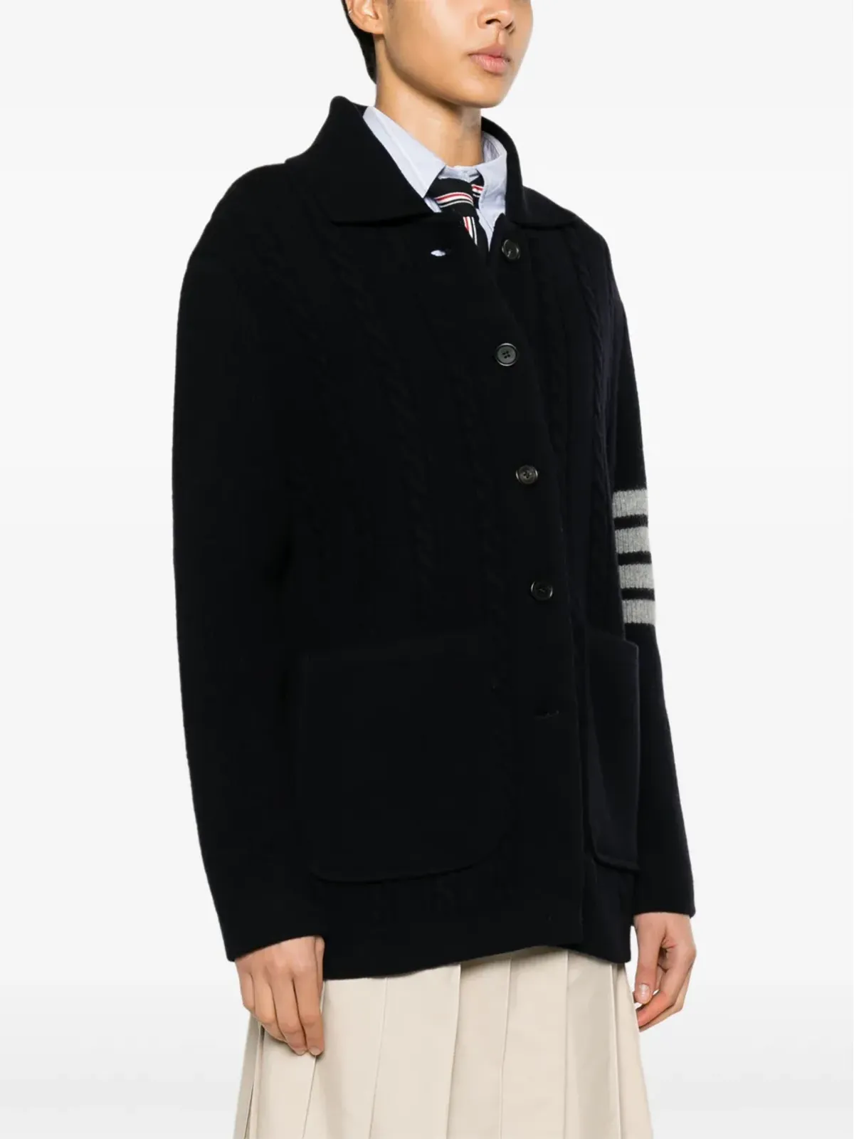 Thom Browne スプレッドカラー ケーブルニット カーディガン - ブルー - 画像3