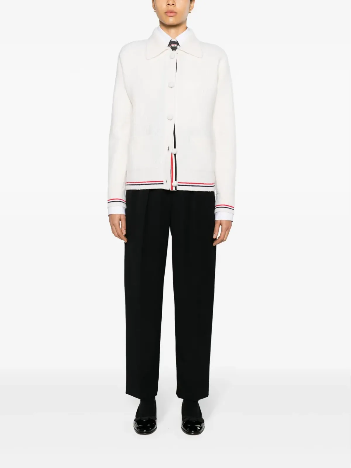 Thom Browne RWBストライプディテールのワッフルニットカーディガン - 画像2