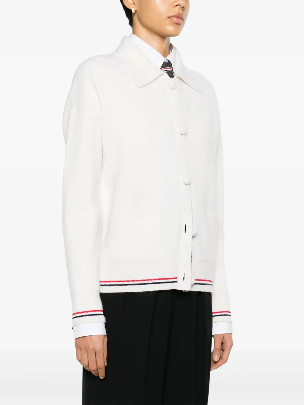 Thom Browne RWBストライプディテールのワッフルニットカーディガン - 画像3