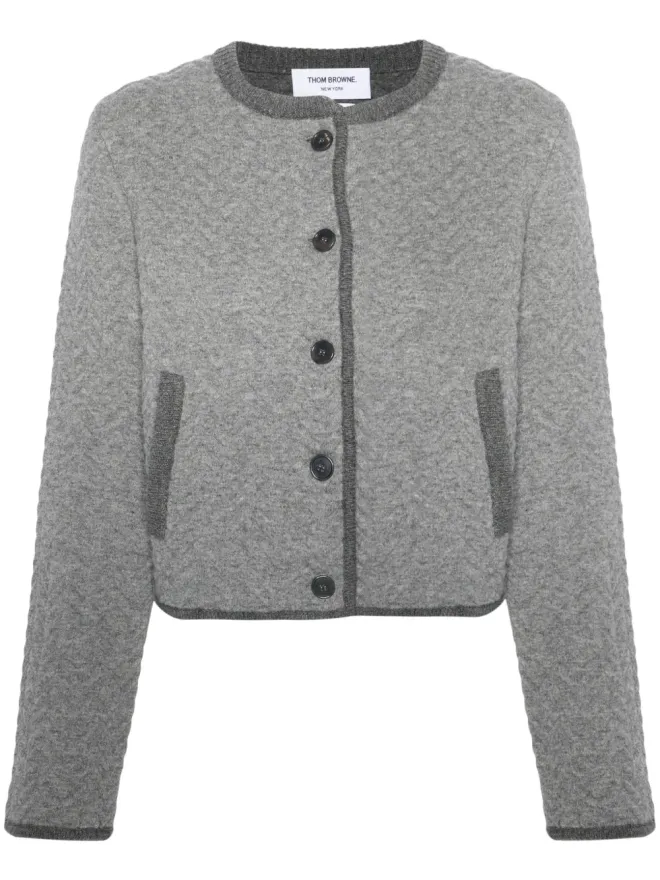 Thom Browne Thom Browne ヘリンボーン3Dニット カーディガン - グレーの商品画像