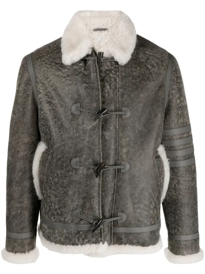 Thom Browne Thom Browne シアリングトリム付きヒビ割れレザー ジャケット - グレーの商品画像