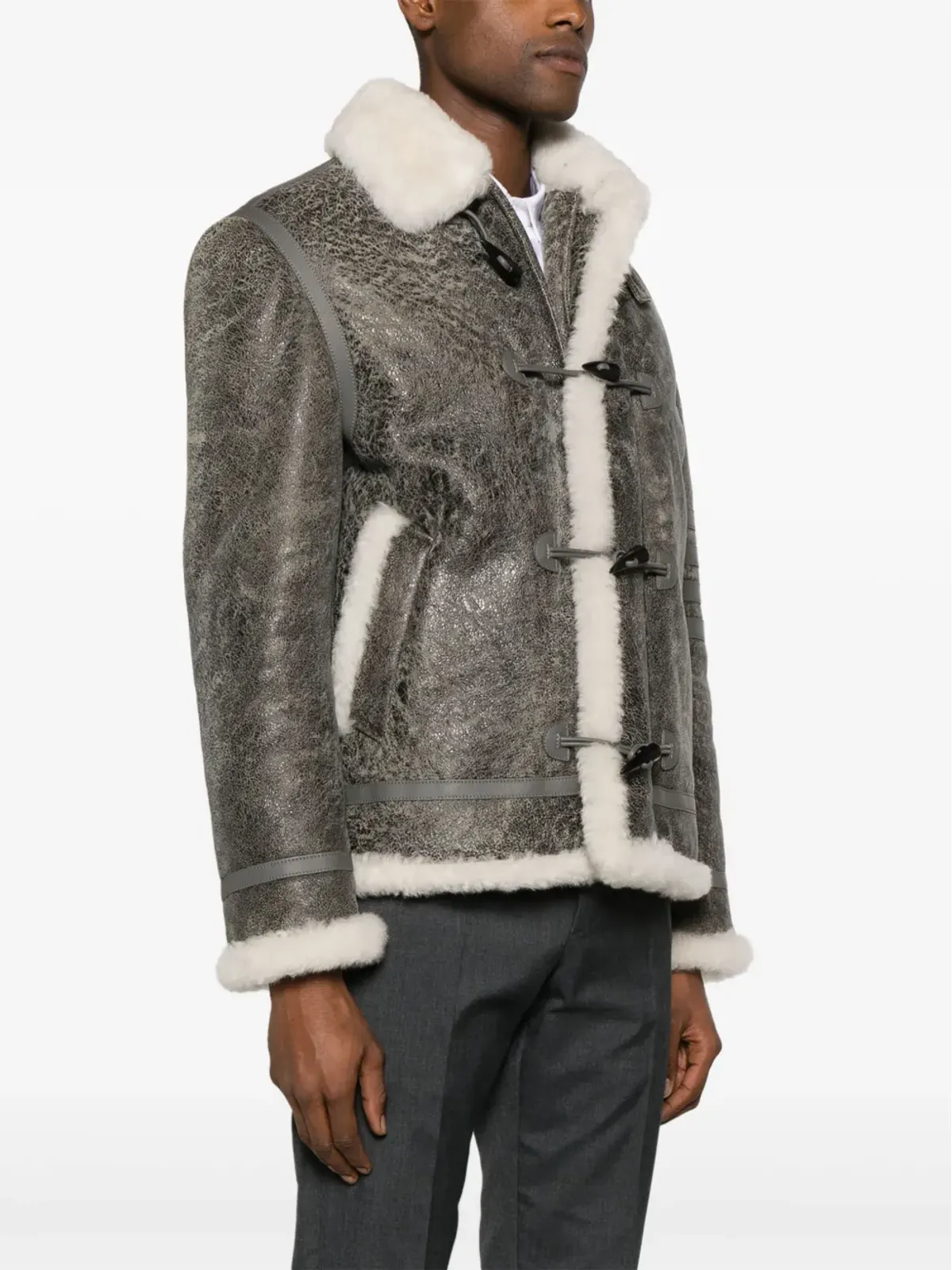 Thom Browne シアリングトリム付きヒビ割れレザー ジャケット - グレー - 画像3