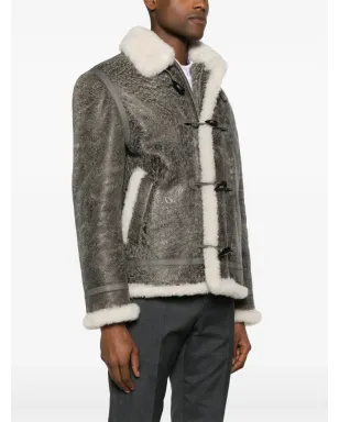 Thom Browne シアリングトリム付きヒビ割れレザー ジャケット - グレー - サムネイル3