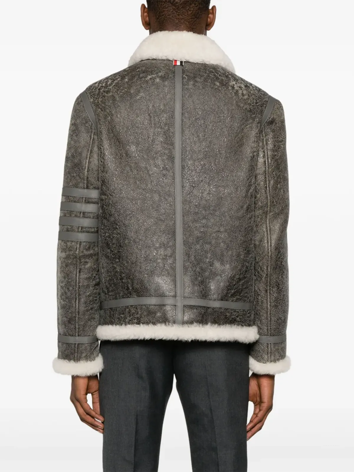 Thom Browne シアリングトリム付きヒビ割れレザー ジャケット - グレー - 画像4
