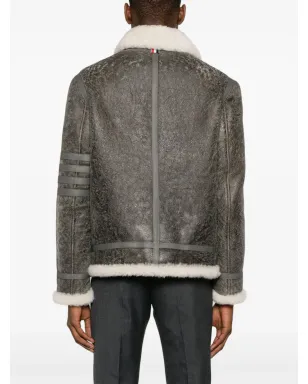 Thom Browne シアリングトリム付きヒビ割れレザー ジャケット - グレー - サムネイル4