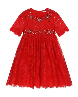 Dolce & Gabbana Kids ジェムストーン付きレースドレス - レッド - サムネイル1