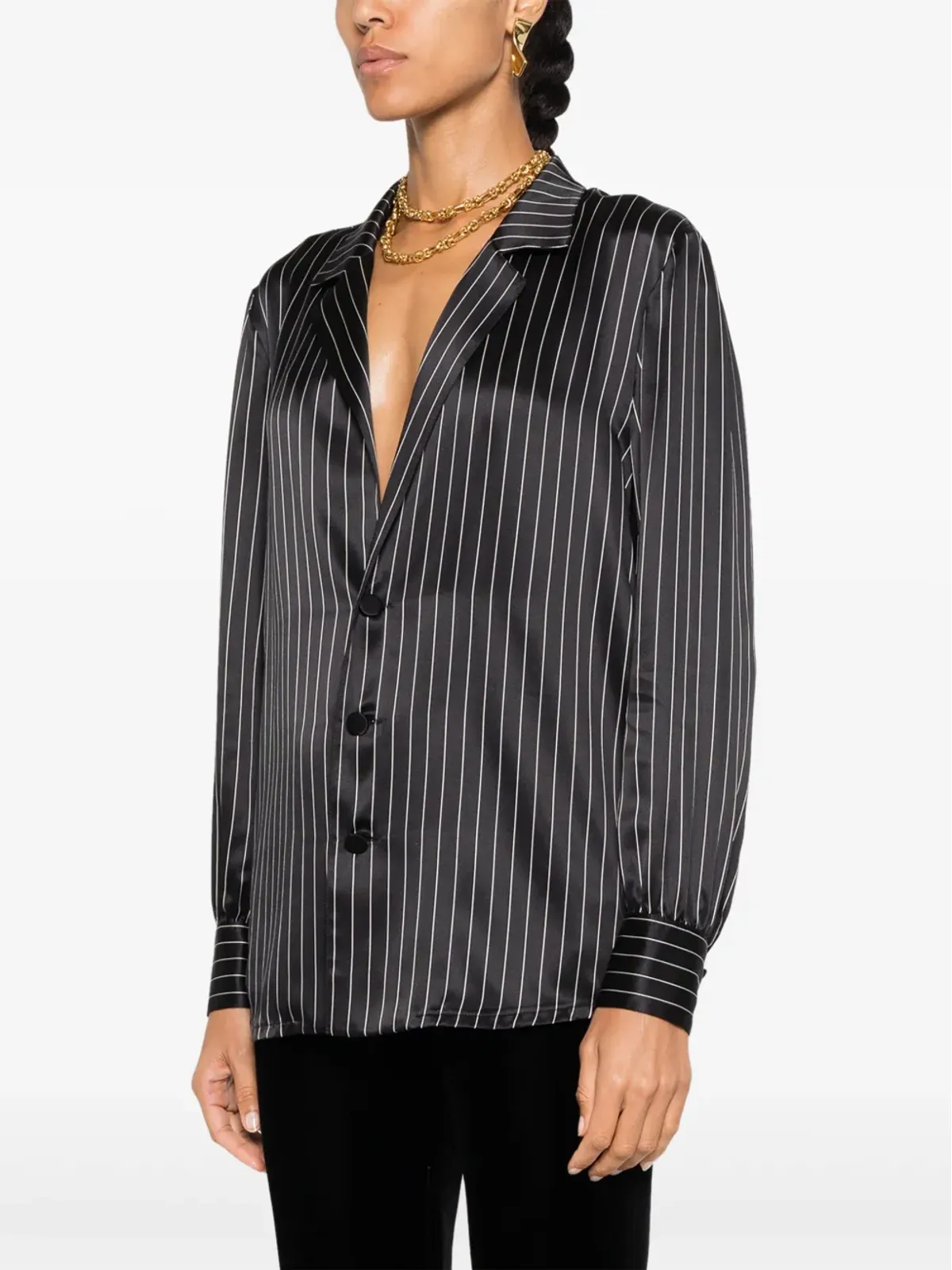 Saint Laurent ストライプ入りシルク パジャマシャツ - ブラック - 画像3