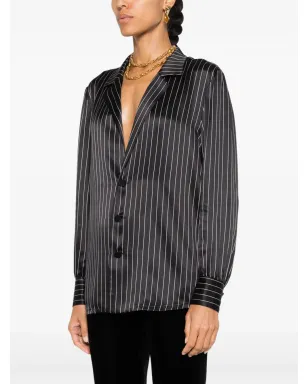 Saint Laurent ストライプ入りシルク パジャマシャツ - ブラック - サムネイル3